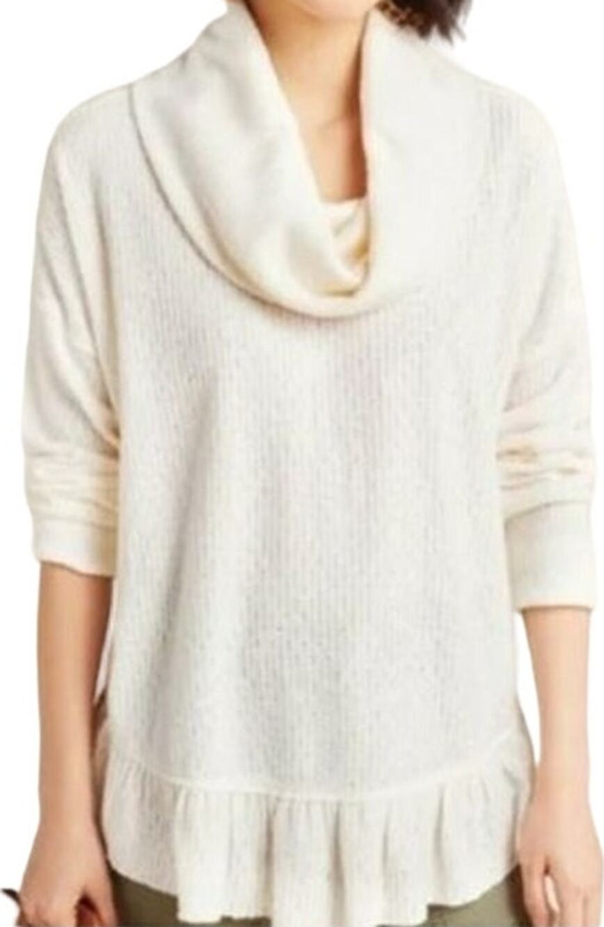 Maeve by Anthropologie Addie Ruffle Hacci Pullover Knit Cowl Neck White XS
